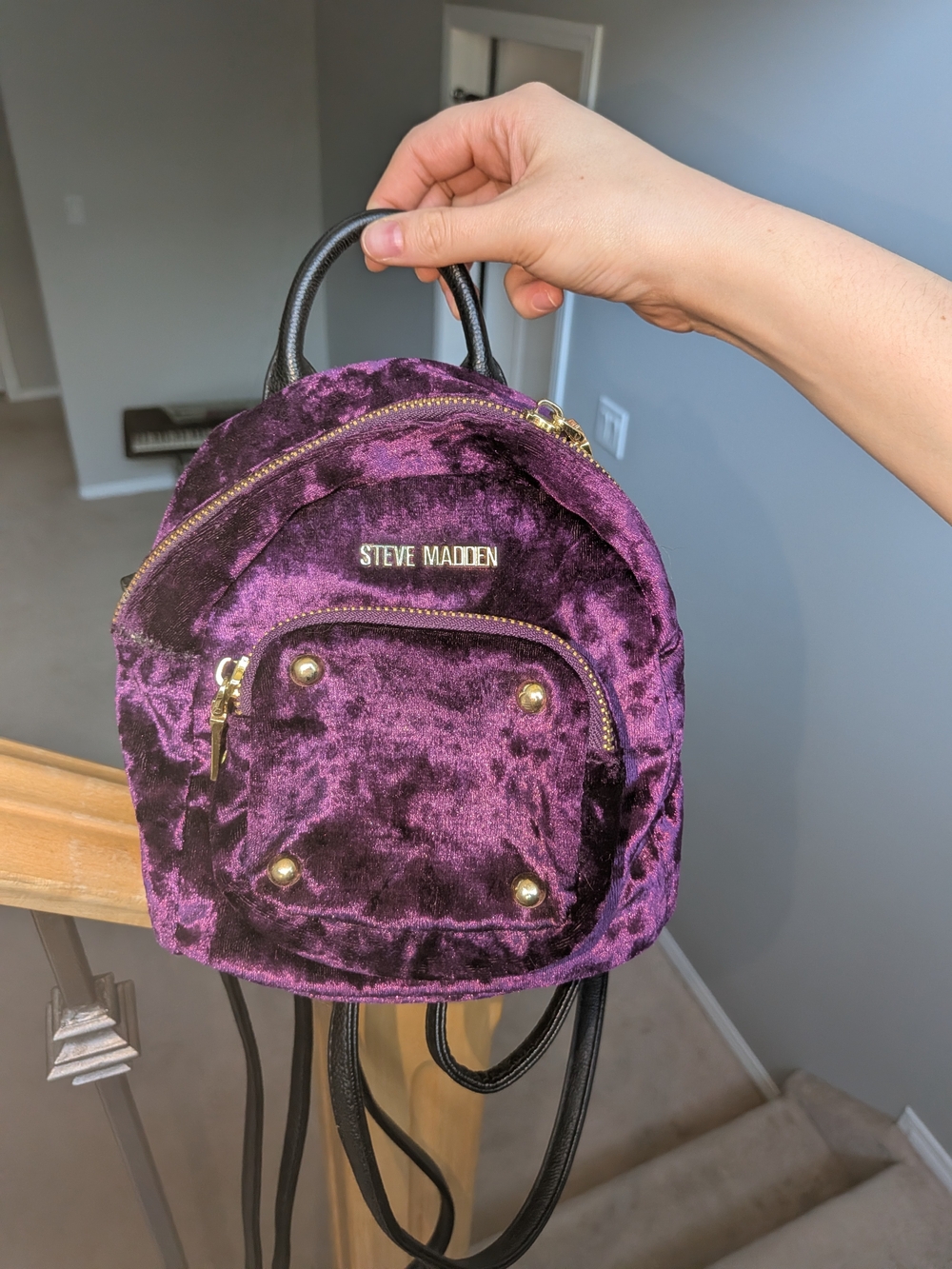 Steve Madden Crushed Velvet Mini Backpack in Deep Purple with Gold Hardware